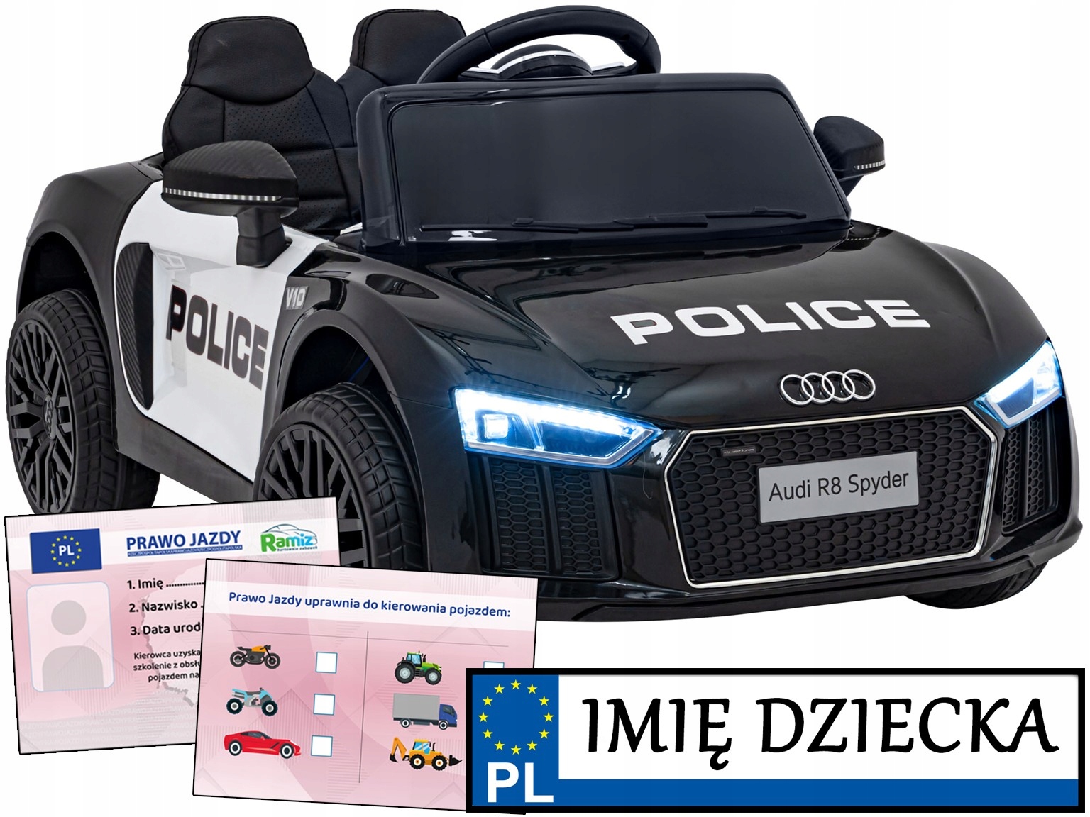 autko na akumulator dla dzieci Audi R8 Spyder pilot Policyjny Wóz prawko