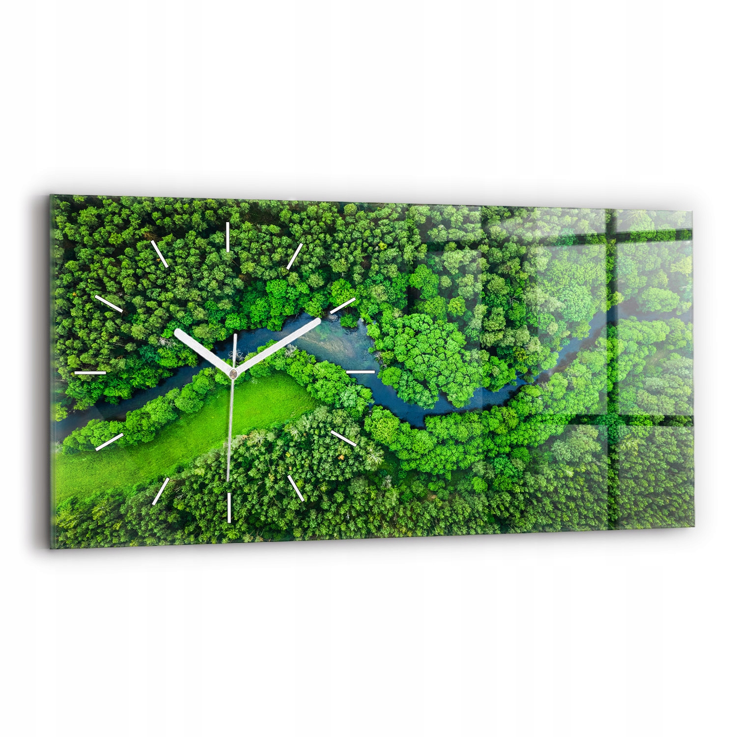 Horizontální nástěnné skleněné hodiny do kanceláře S Potiskem Řeka v lese 60x30 cm