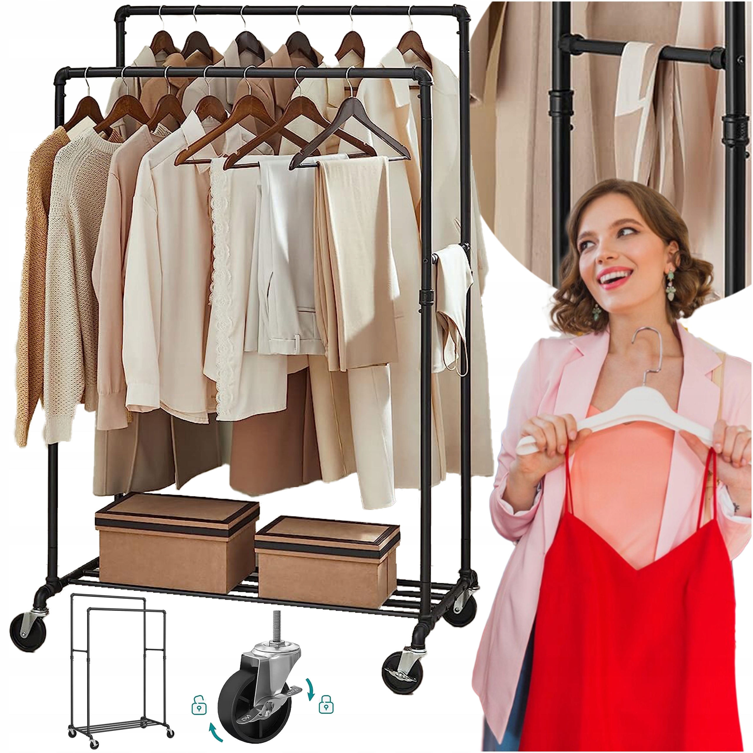 Stojan na oblečenie s kolieskami, Stojaci Šatník s poličkou na topánky Metal