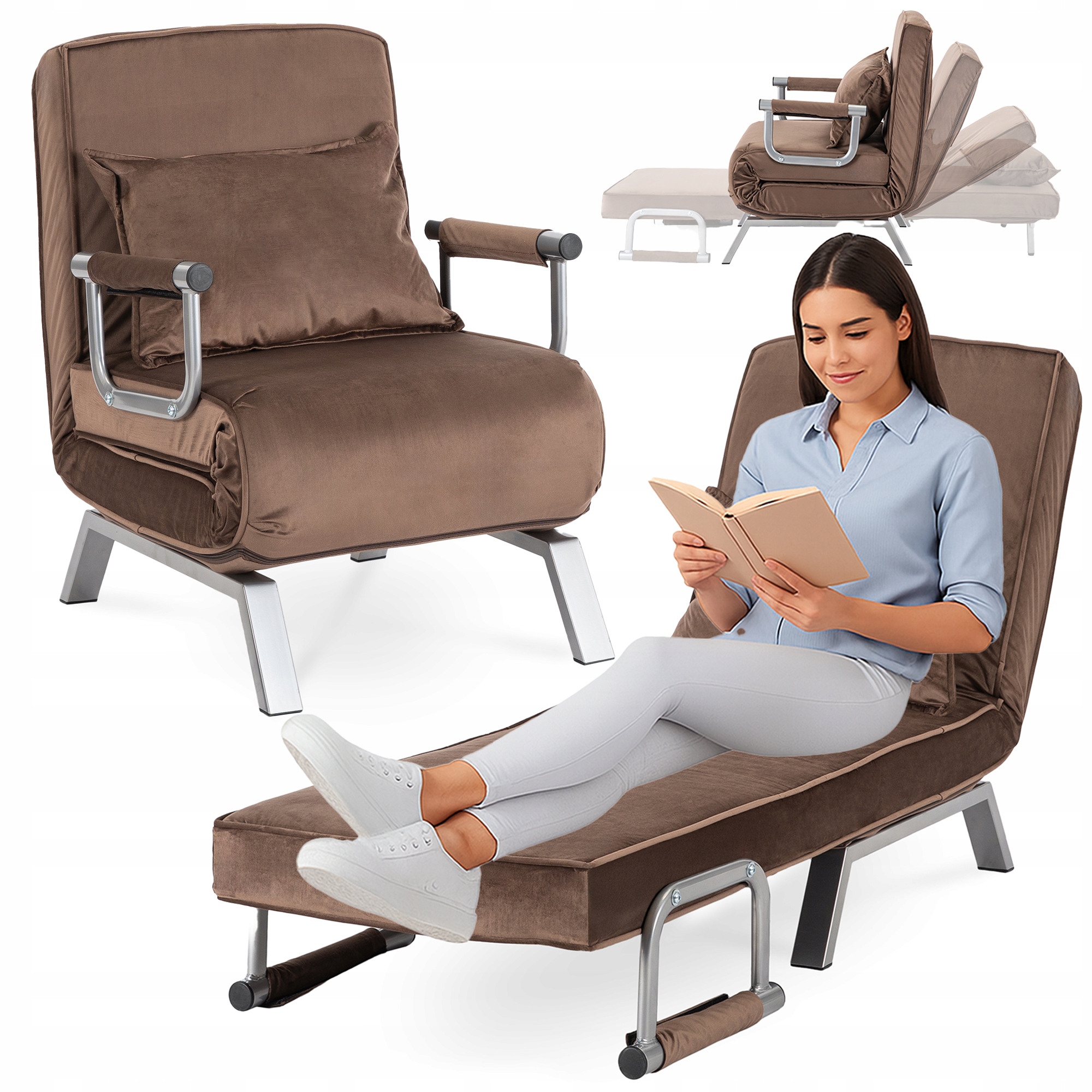 Rozkládací křeslo pro spaní v obývacím pokoji Jednolůžkové lehátko Velurové hnědé Bart