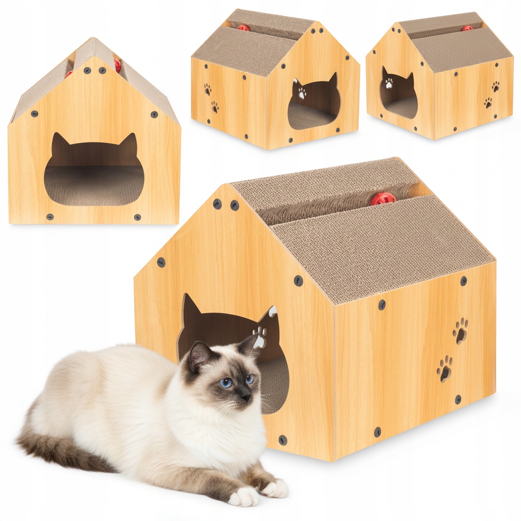 Levně Drapak Pro Kočky Domeček Pelíšek S Hračkou Ekologické Mdf 40x35x34,5 Coil