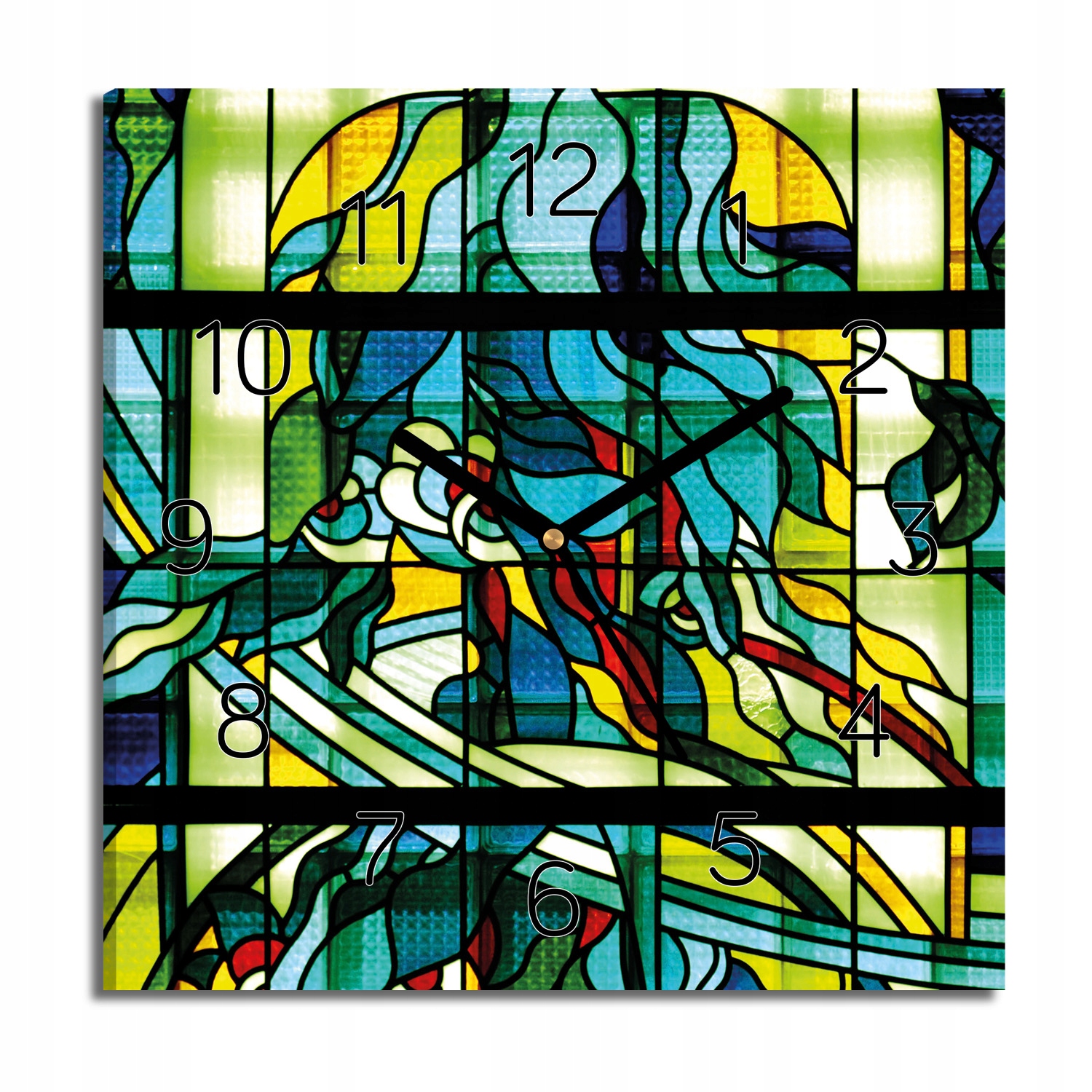 hodiny na obraze Vitráž ptáci páv moderní 30x30