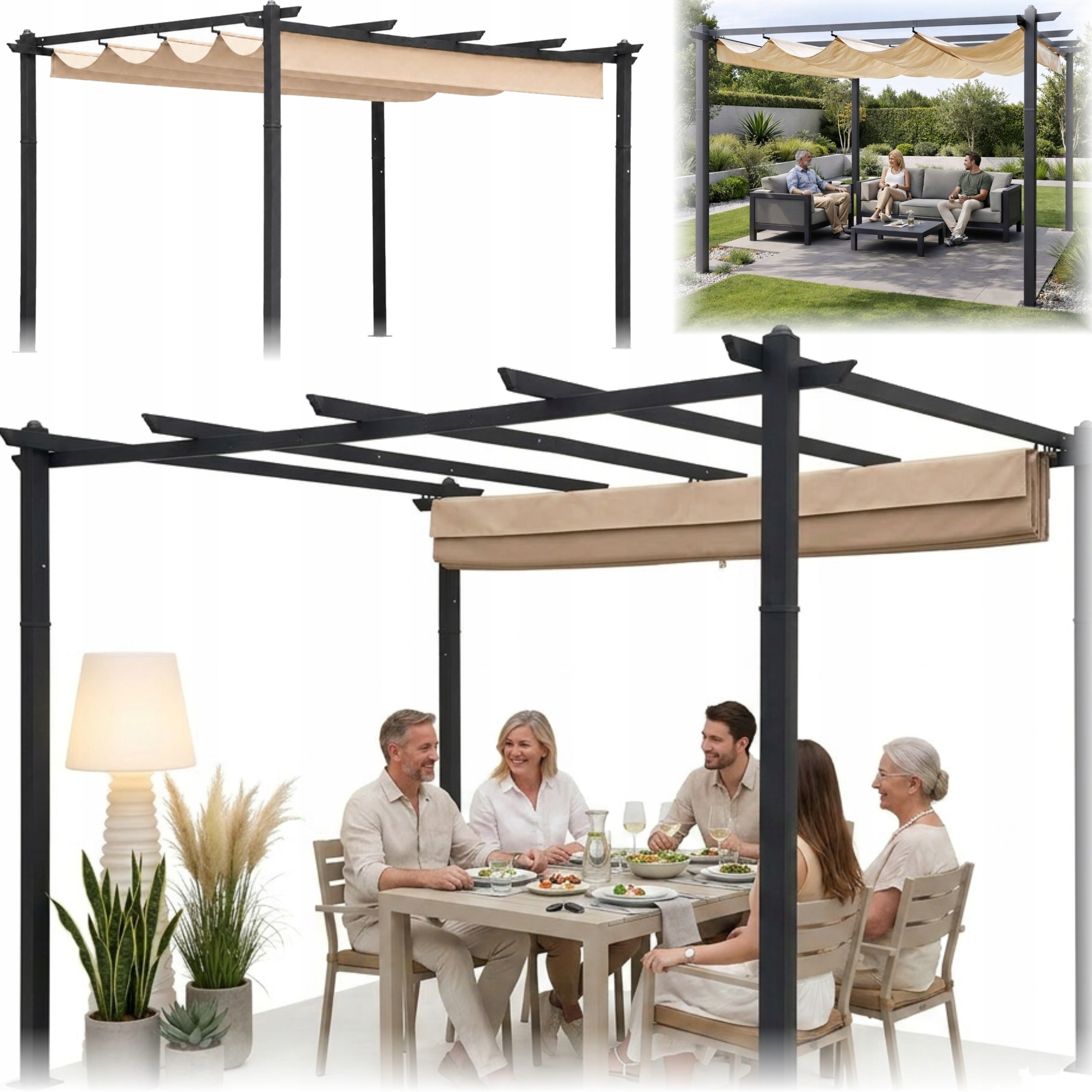 Pergola Ogrodowa Tarasowa 3x4 m Altana Zadaszenie Przesuwne Stalowa Beżowa
