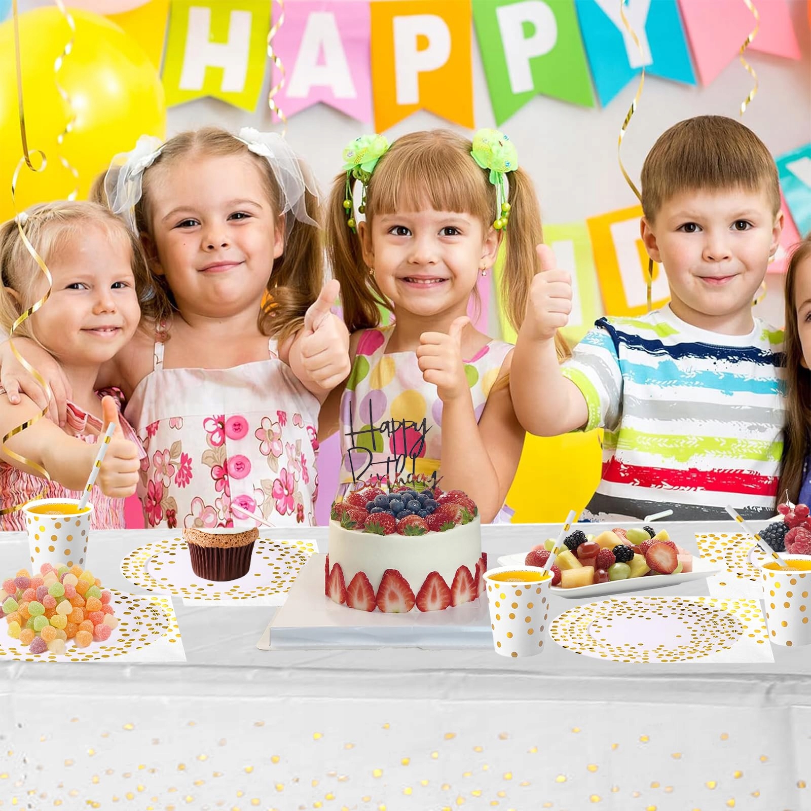 COLANANA Zestaw Naczyń na Przyjęcie dla Dzieci Biało-Złoty na 16 Osób — miniatura 4