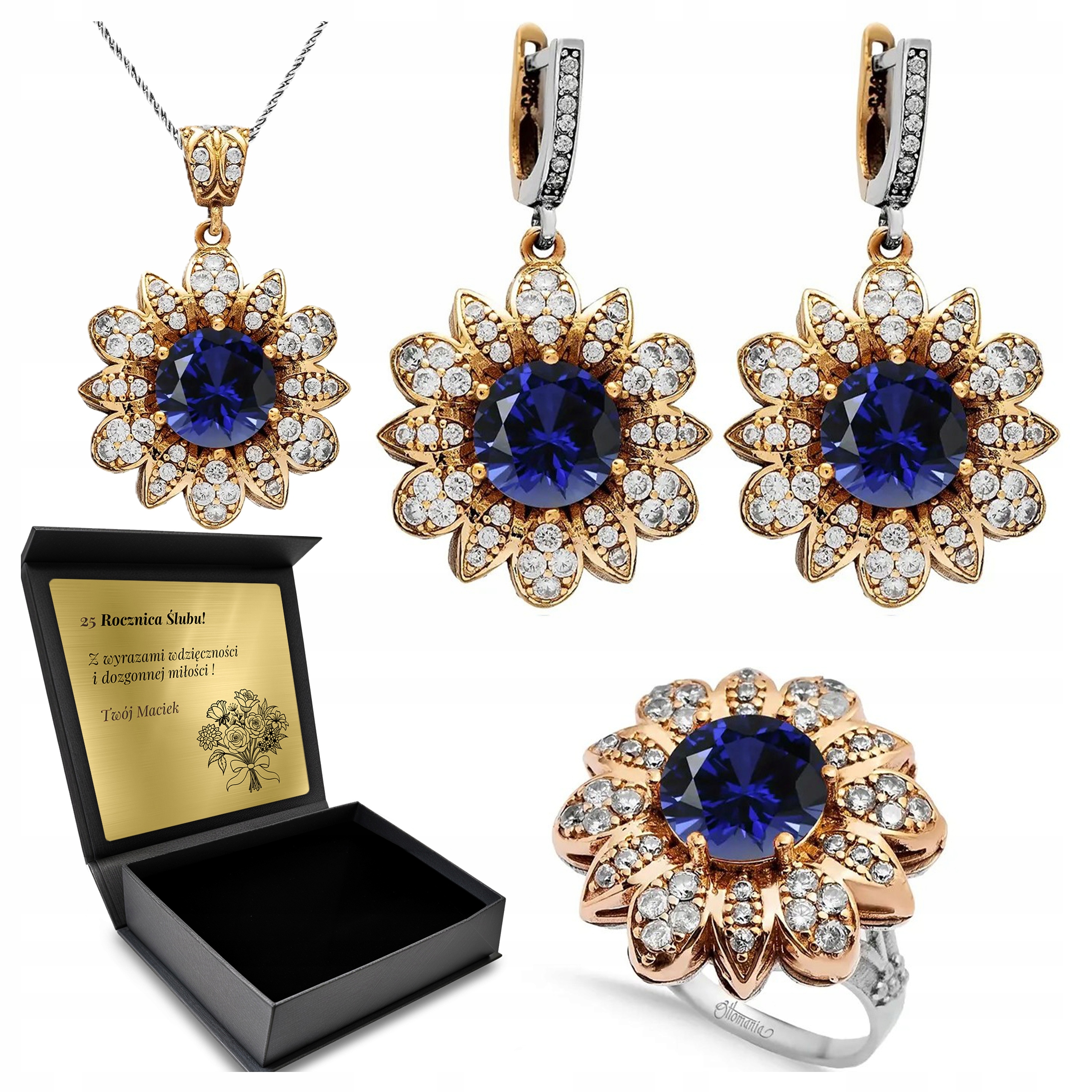 Komplet Stříbrných Šperků 925 Zirkony Safír Dárek pro ženu Gravírování