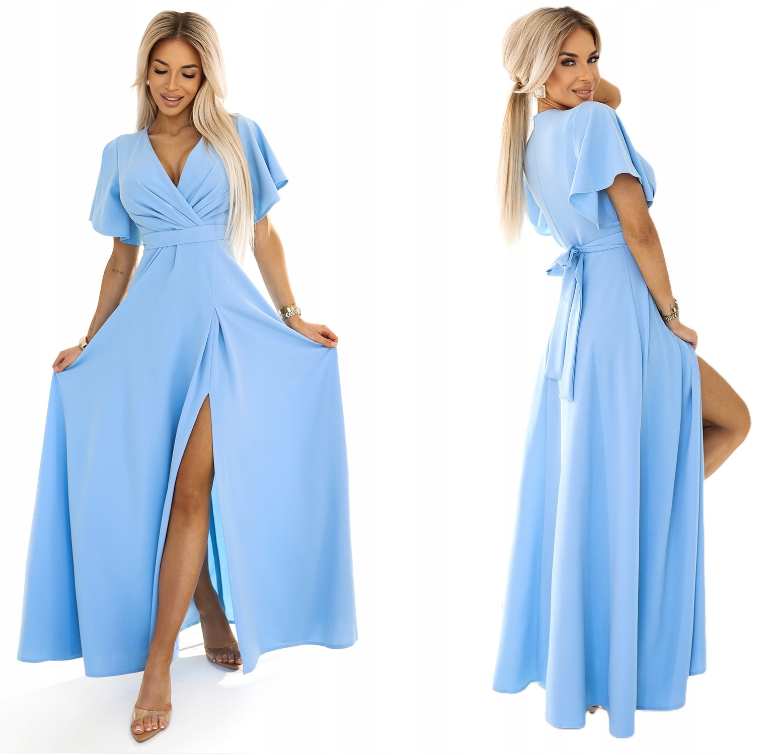 Dlouhé Šaty Na Ples S Hlubokým Výstřihem A Páskem V Pase, Modrá Barva