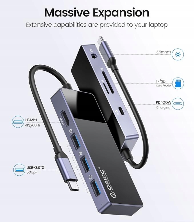 Orico Adaptér Hub 8W1 Type-C D, Hdmi 4K-30Hz, Multiport s Pd 100W
