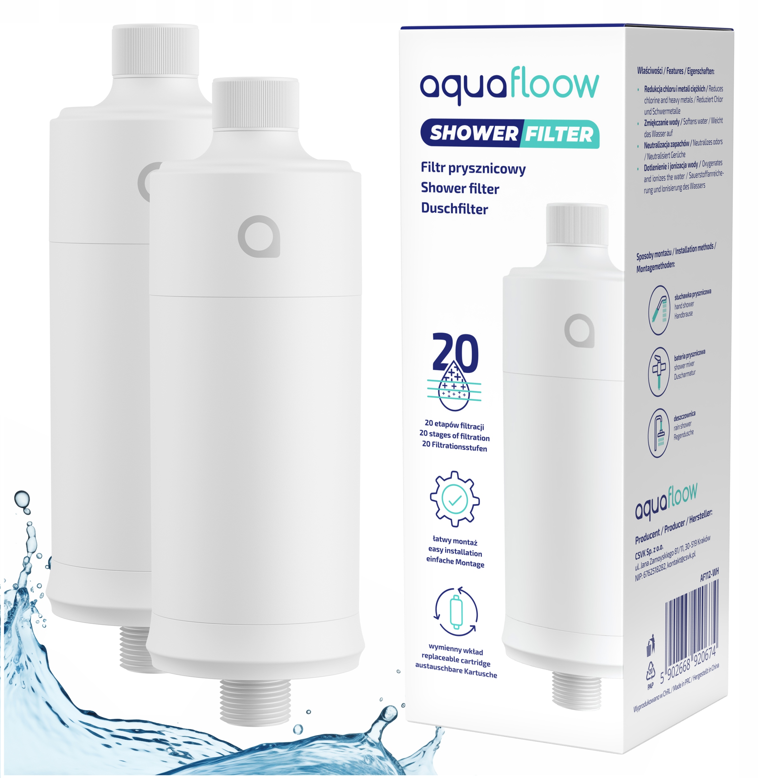 2x Filtr prysznicowy biały zmiękcza wodę redukuje chlor metale 2 szt.