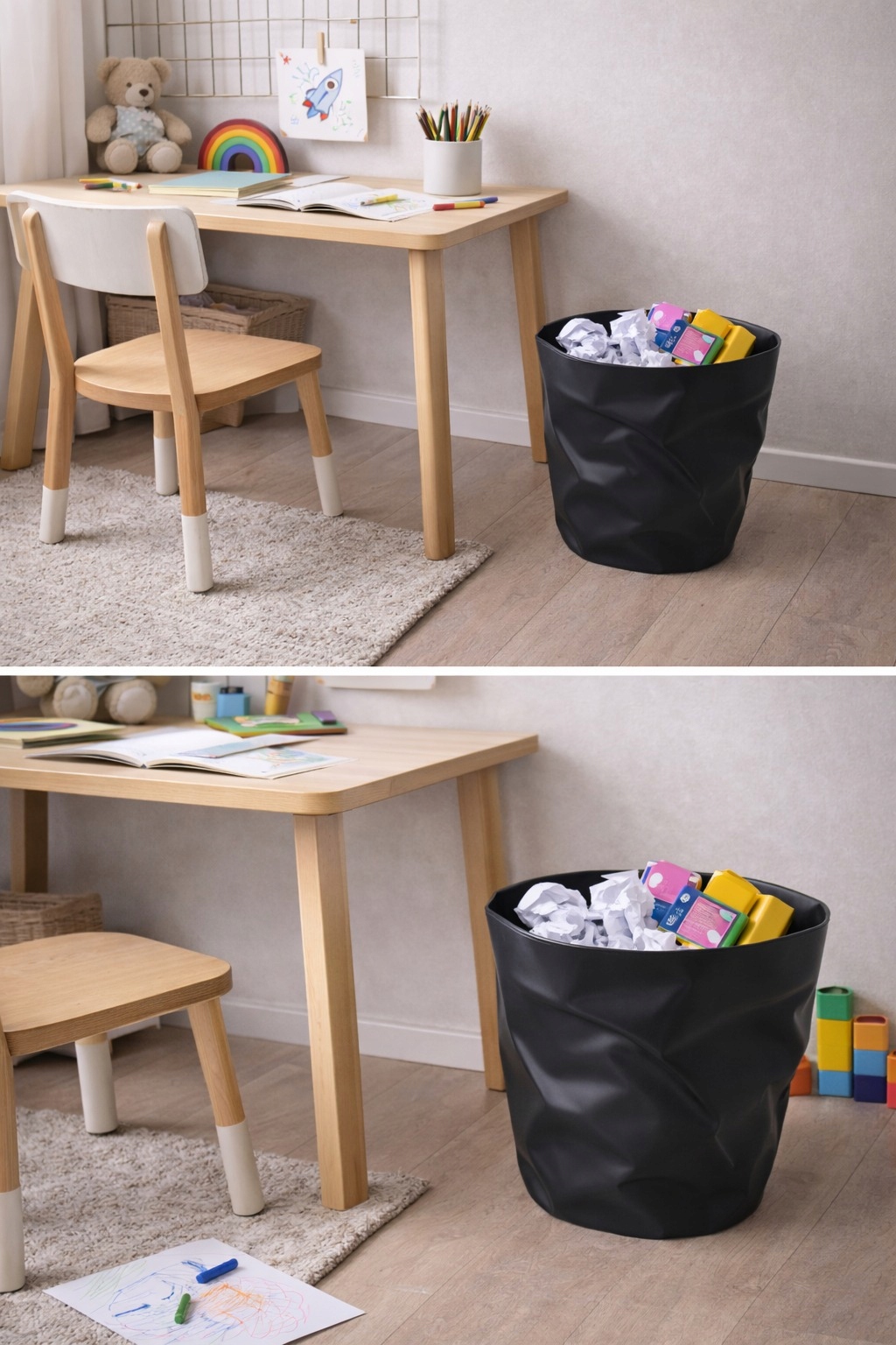Kosz na śmieci 8L czarny okrągły design 3D pod biurko efekt papieru