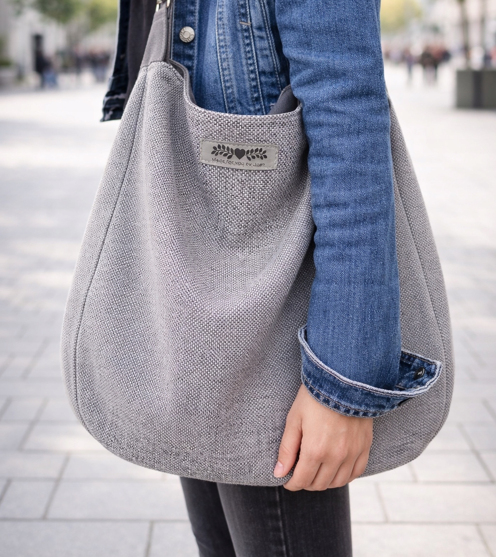 Velká šedá městská taška boho hobo XXL přes rameno na pláž, prostorná na léto