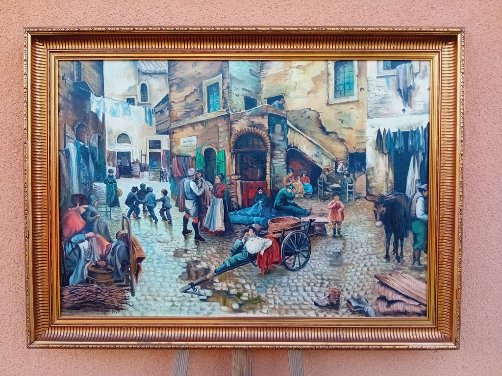 STARY DUŻY OBRAZ OLEJNY, PŁÓTNO, sygnowany ,, Rzym ''