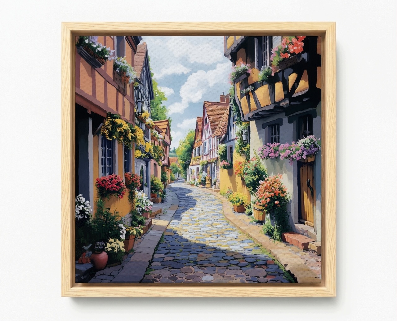 Obraz Rám American Box Město Šachulcové Domy Bruk Ulička Květiny 80x80
