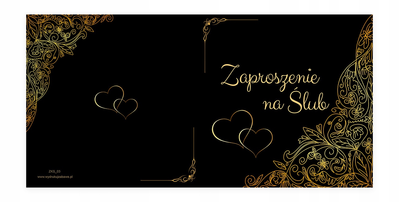 Zaproszenia Ślubne Złote Serca Gotowe / Koperta Czarna ZKS_03 Marka inny