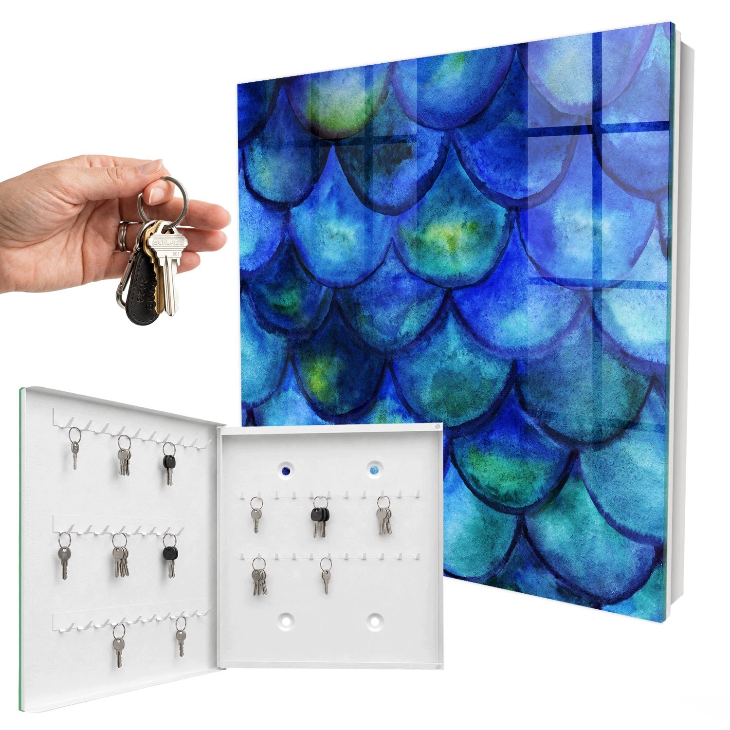 Skříňka Organizér Úložný prostor na klíče Modré šupiny Bílá levá 30x30 cm