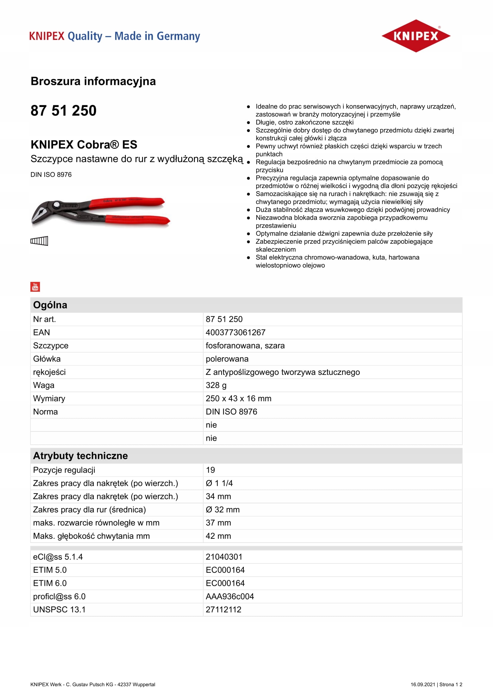 Kleště Na Trubky Cobra S Prodlouženou Špičkou 250 MM