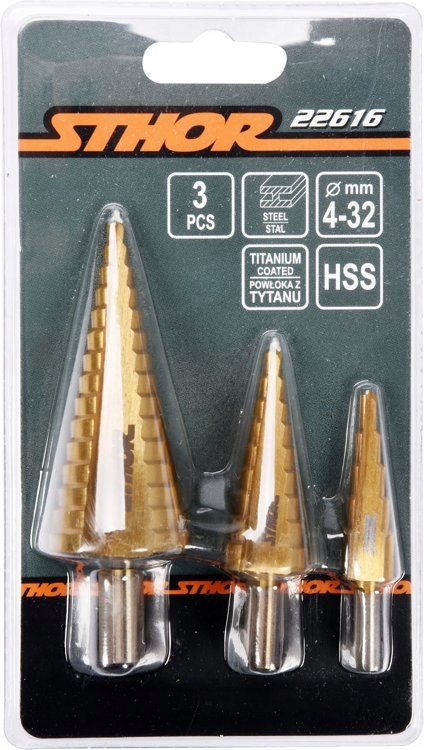 WIERTŁA STOPNIOWE STOŻKOWE DO METALU 4-32mm 3 SZT. Rodzaj wiertła zestaw wierteł