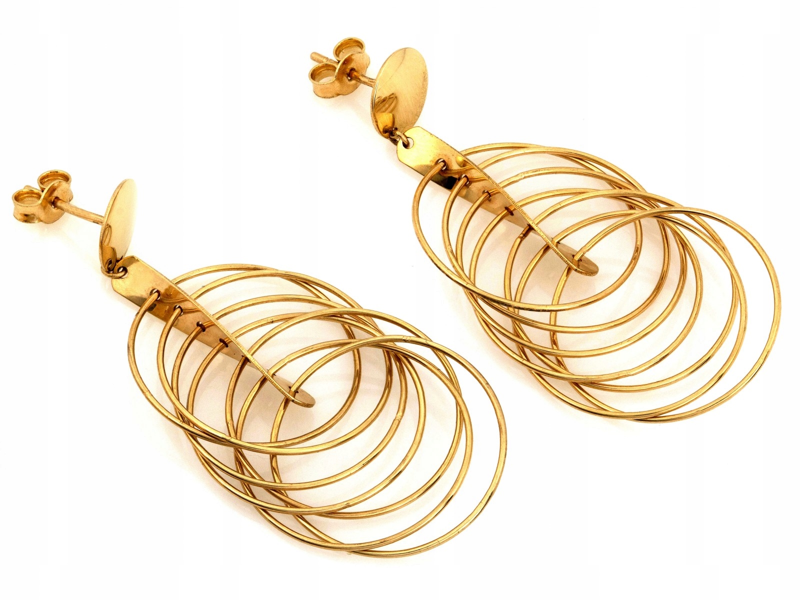 Zlaté náušnice 585 velké, dlouhé s obroučkami visícími na tyči, elegantní vzor