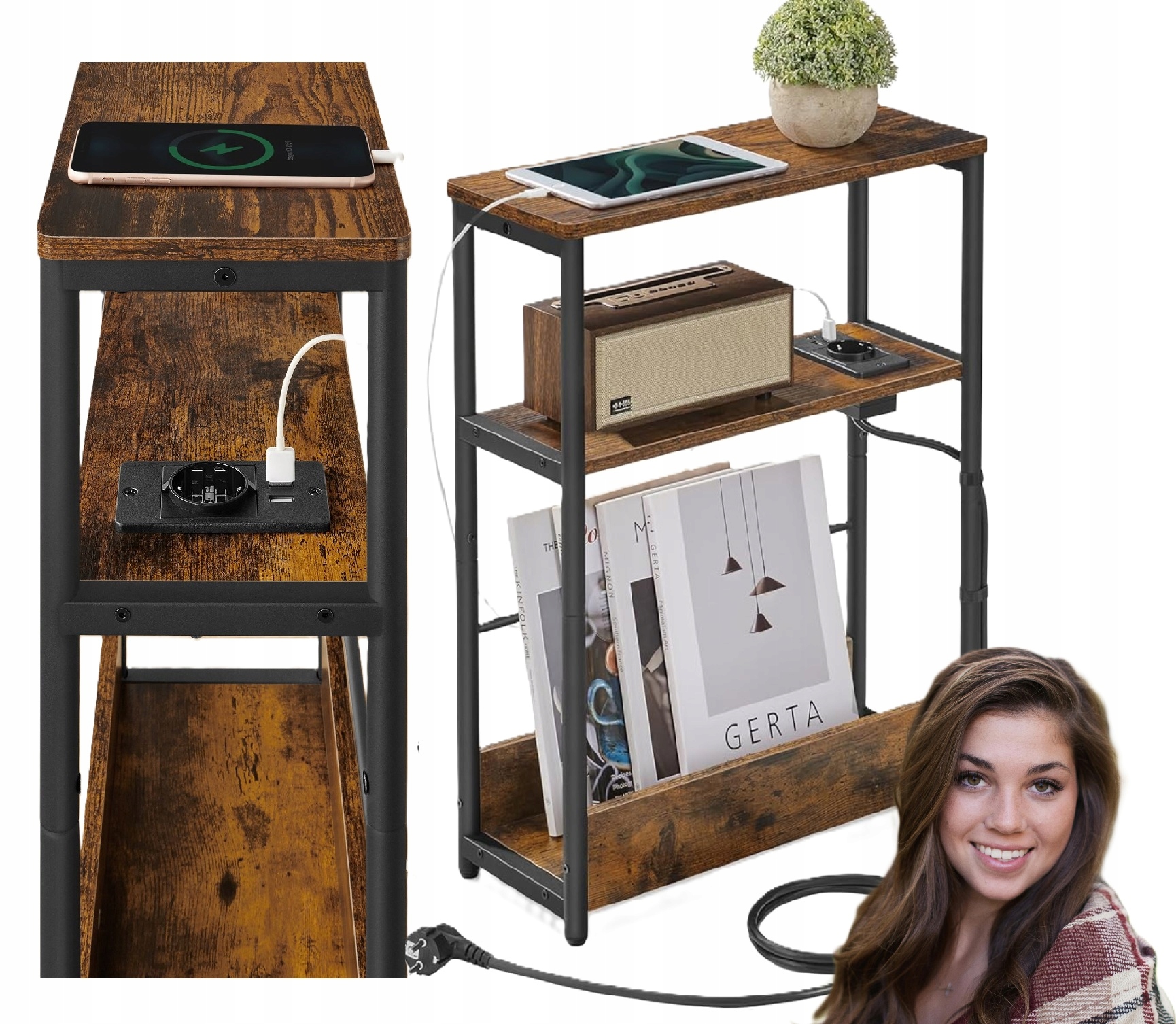 WĄSKA SZAFKA STOLIK LISTWA ZASILAJĄCA 1x GNIZADO 2x USB INDUSTRIALN METAL