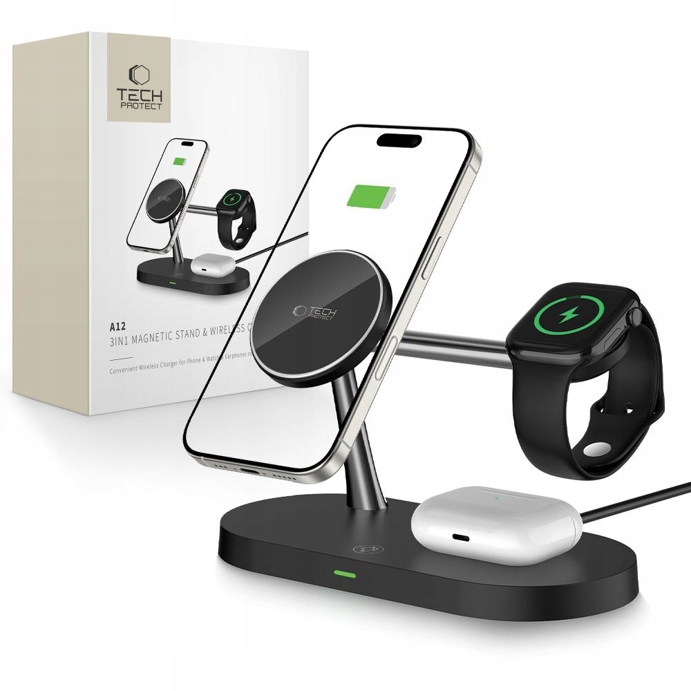 Ładowarka indukcyjna 3w1 na smartfon słuchawki smartwatch z MagSafe czarn