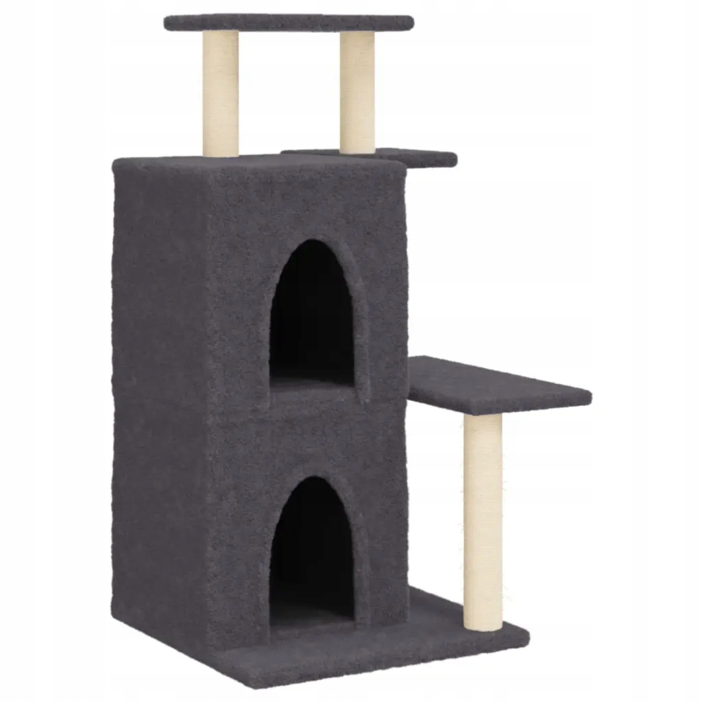 Víceúrovňový škrabák pro kočky s domečky, plyš/Sisal, tmavě šedý, 61.5 x