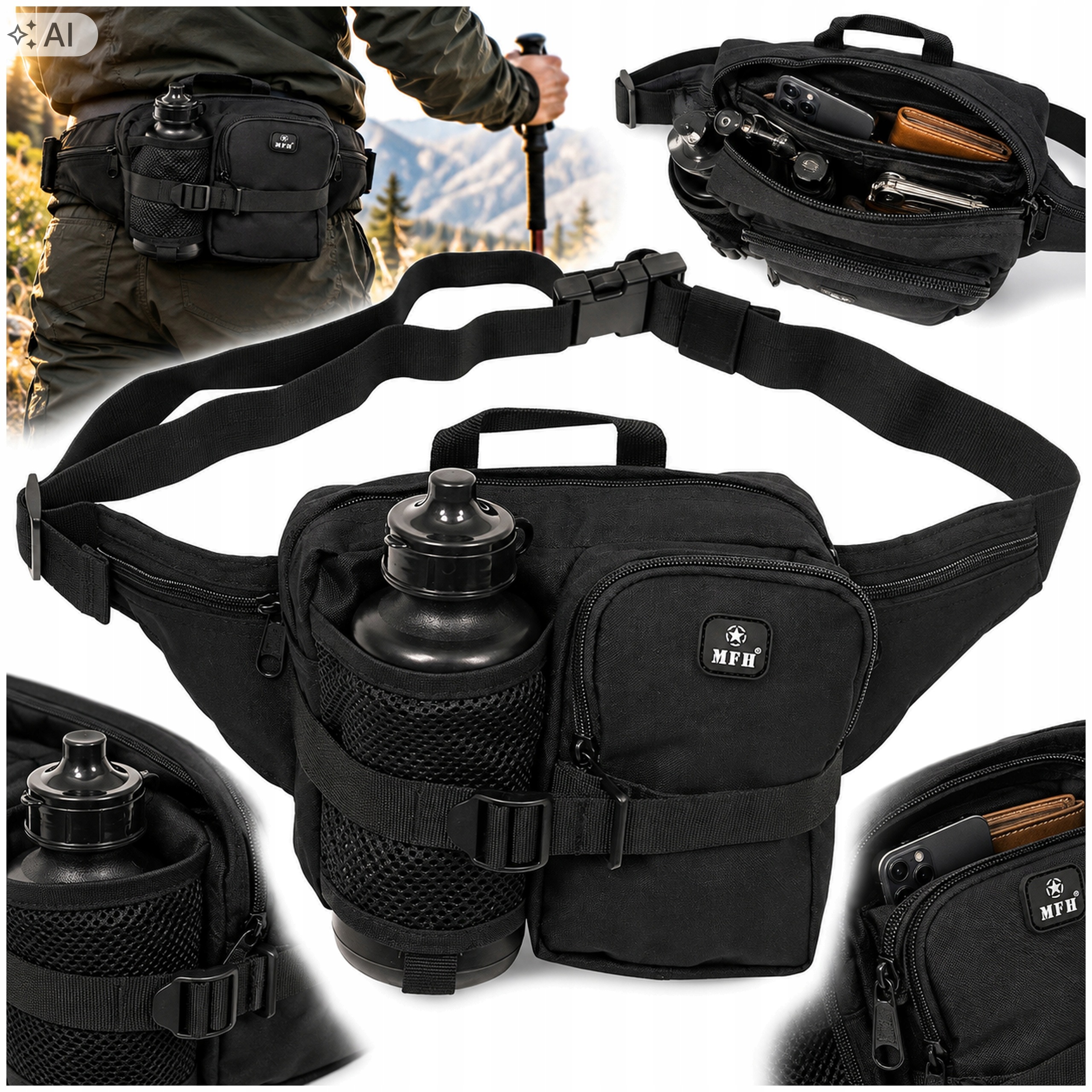 Torba Biodrowa Nerka Z Kieszeniami Czarna Z Bidonem 0,7 L Camping Edc Mfh