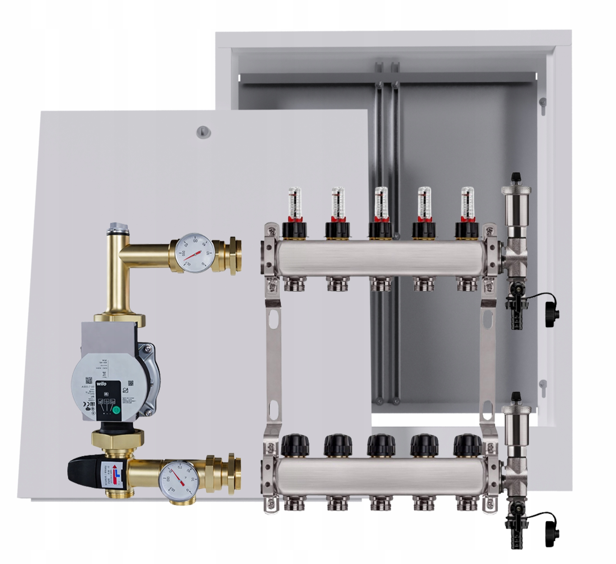 Nerezový rozdělovač na podlahu 5 s nástěnným boxem Pumpa Wilo