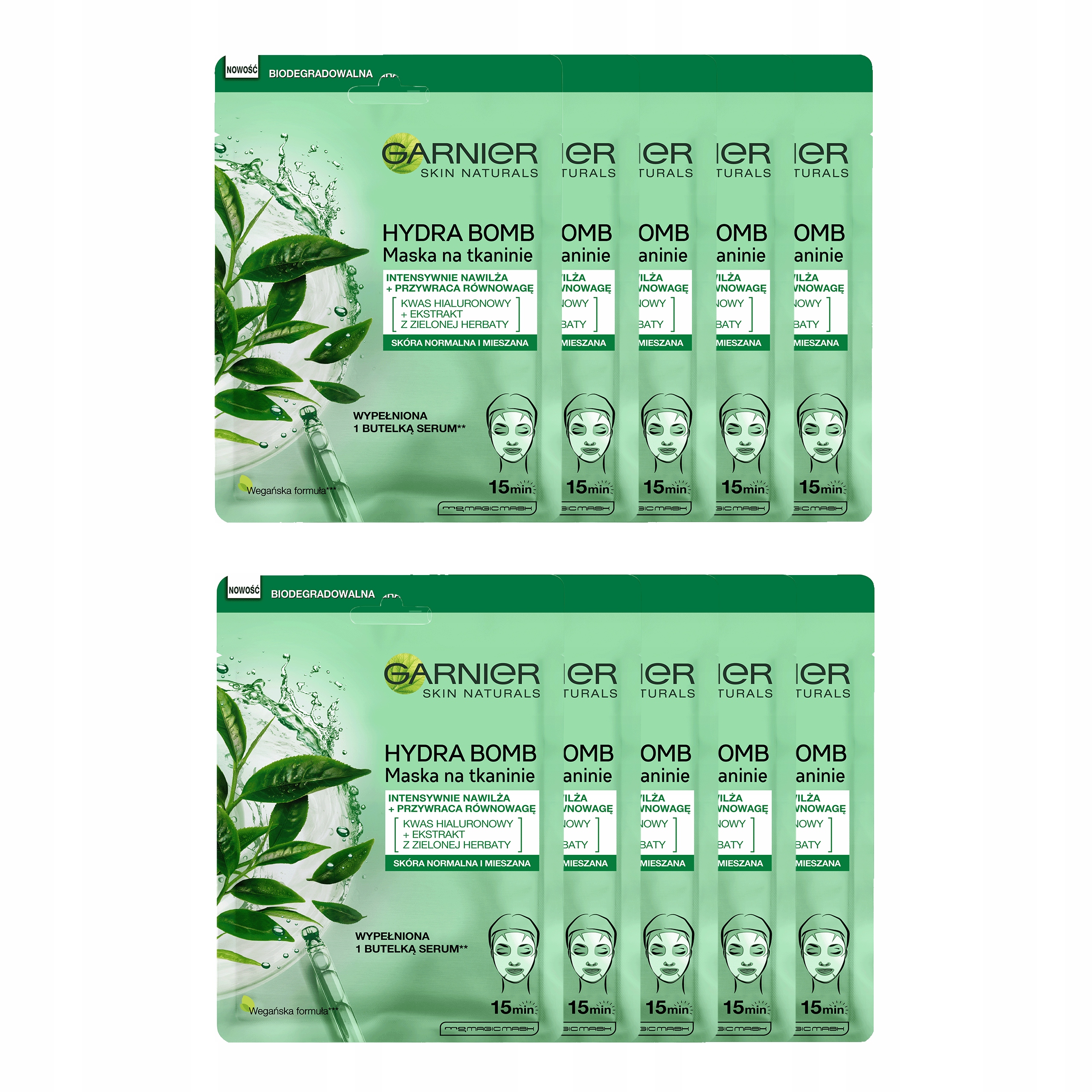 Zestaw 10x Garnier Skin Naturals Maska do Twarzy Ekstrakt Zielonej Herbaty