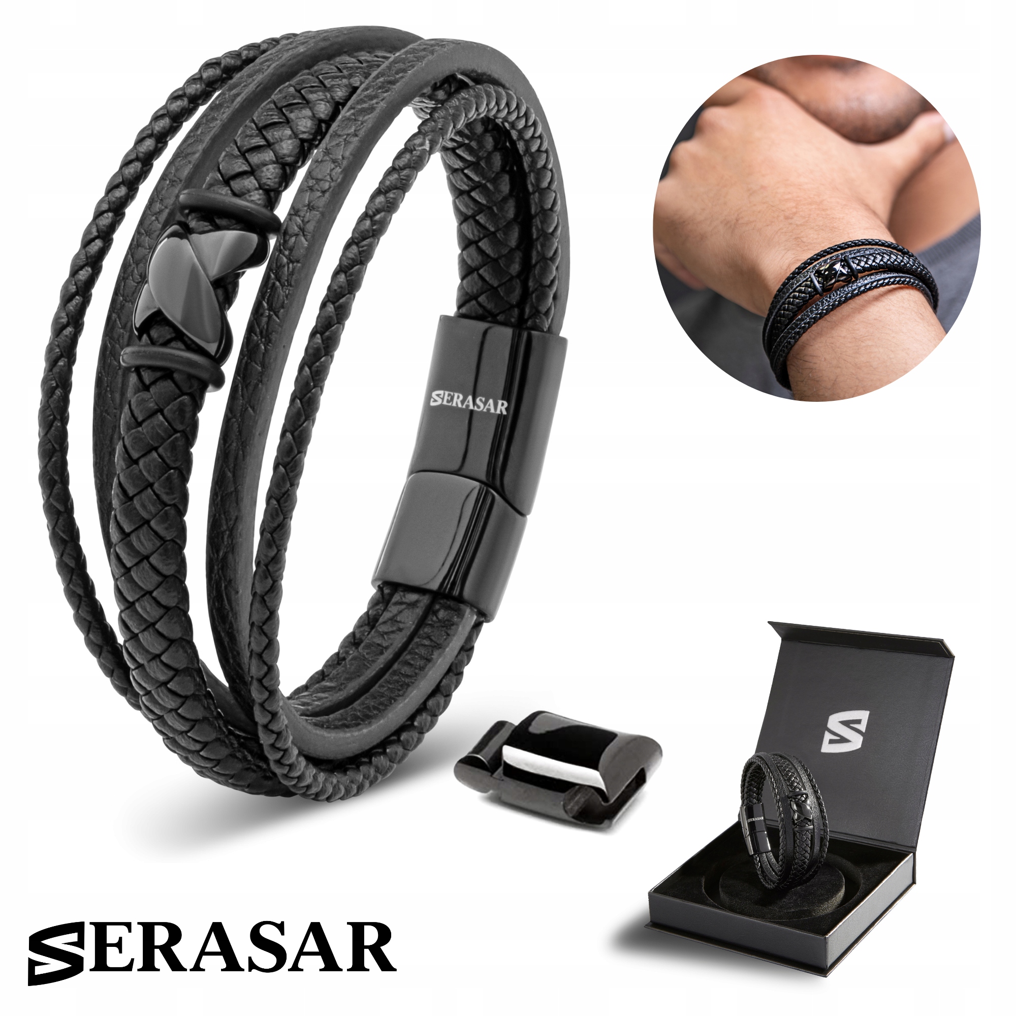 Serasar, Pánský kožený náramek [Flake] černý, 23 cm