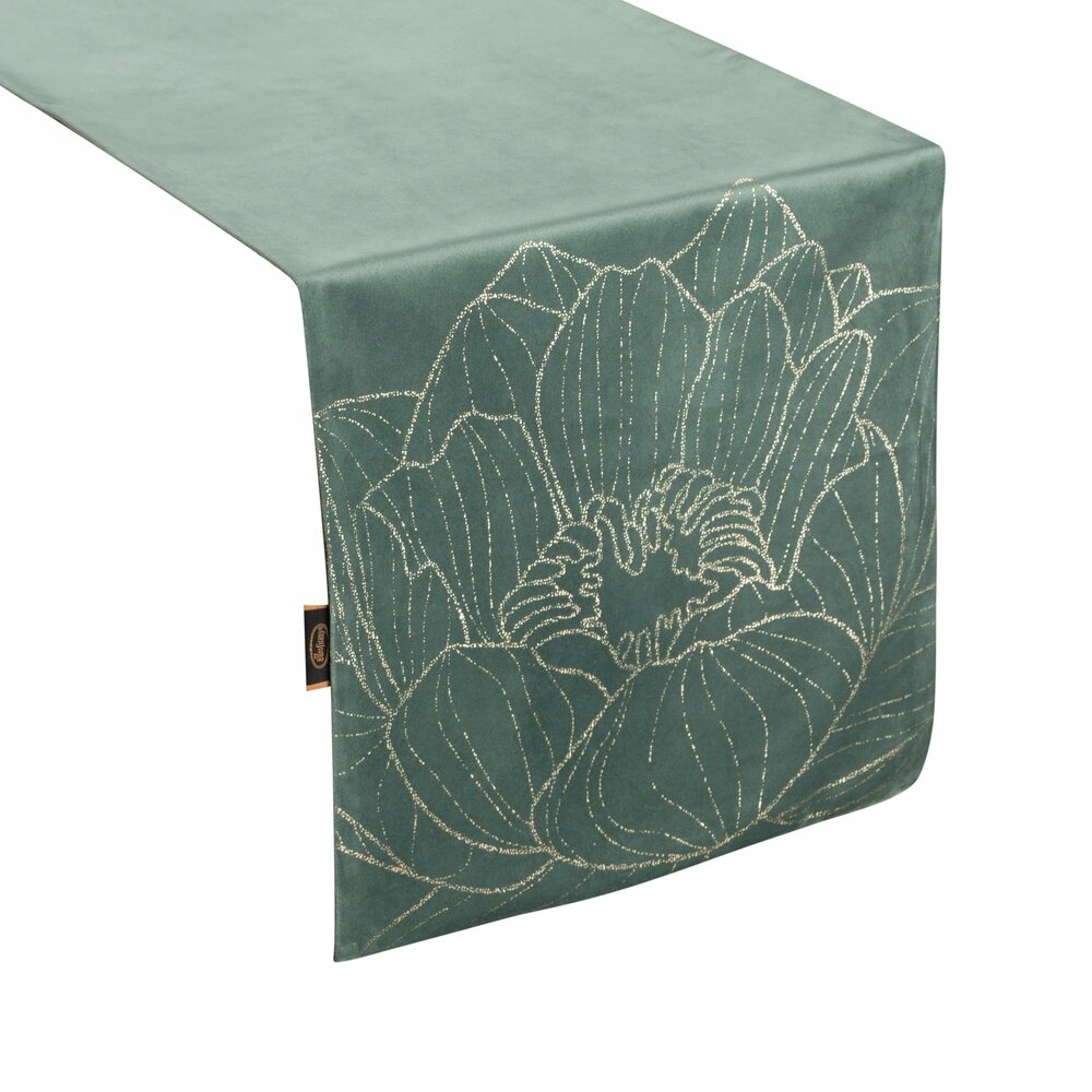 Bieżnik welwetowy 35X180 c. miętowy w duży złoty kwiat