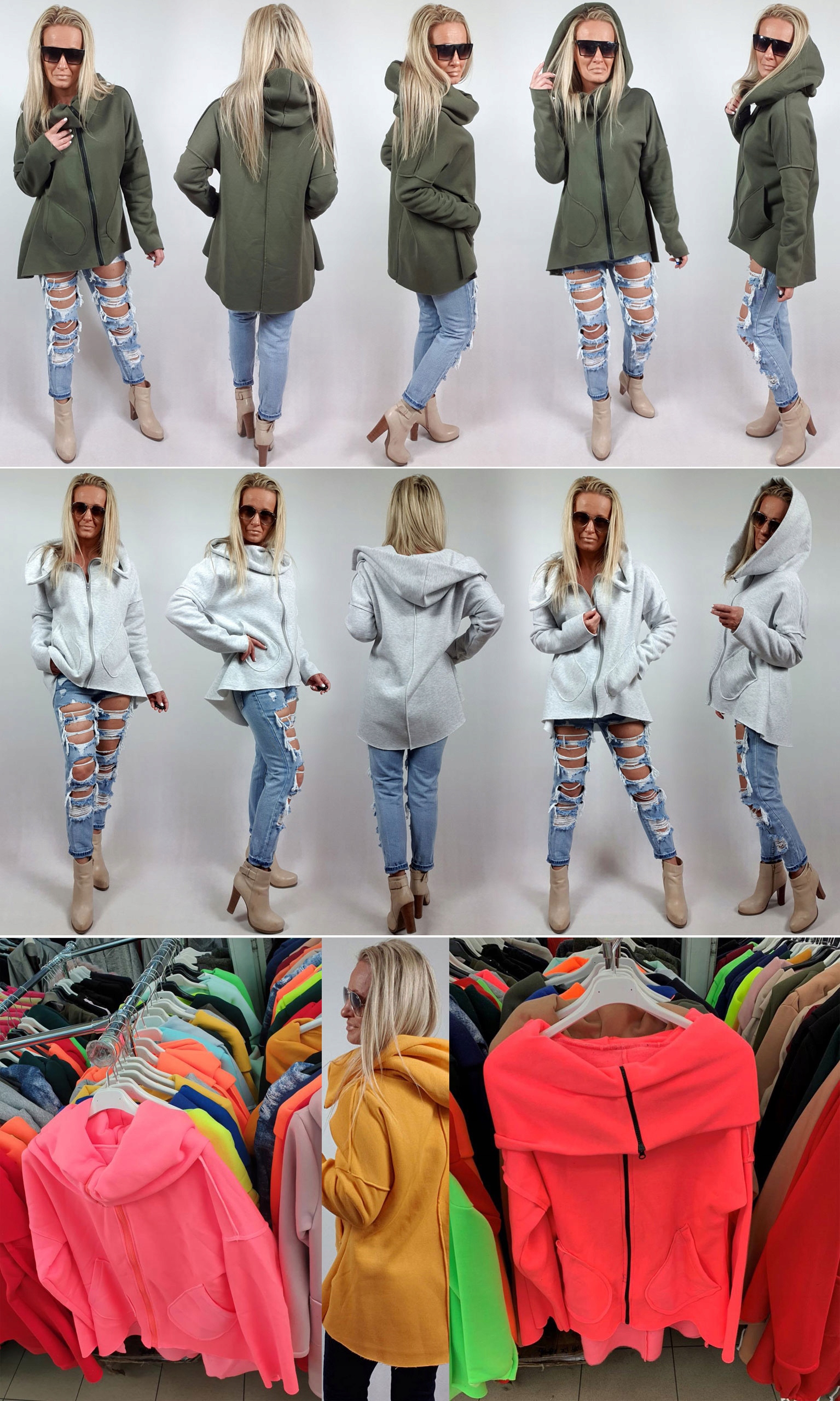 ASYMETRYCZNA BLUZA TUNIKA KARDIGAN KOMIN KAPTUR U Dekolt lejący