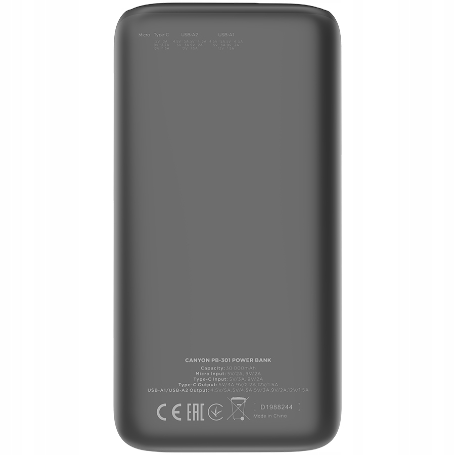CANYON Powerbank PB-301 LED 30000 mAh PD 20W QC 3.0 Czarny — 6