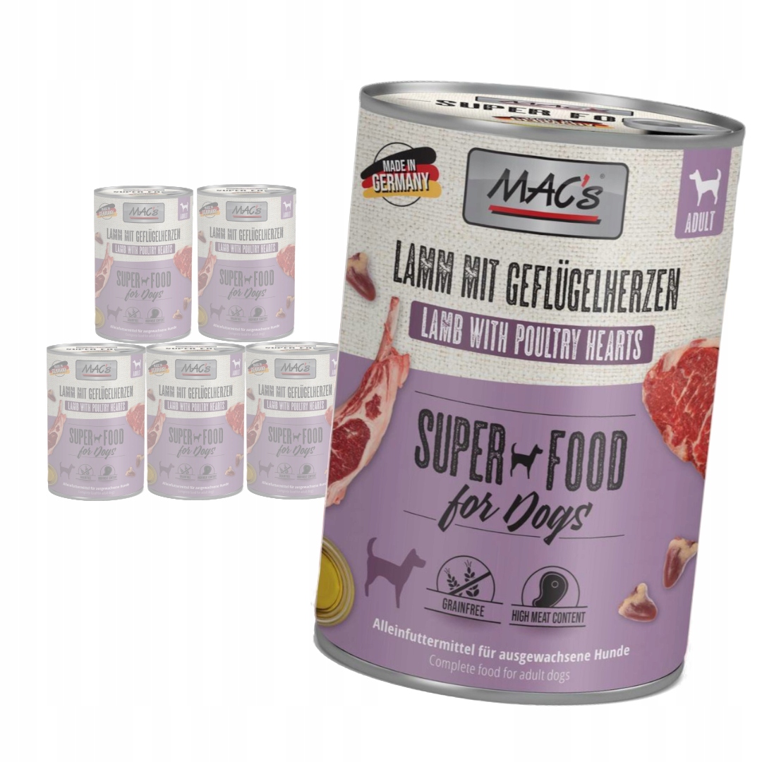 MAC's Dog Bezobilné Vlhké Krmivo pro psy Jehněčí a drůbeží srdce 6 x 400 g