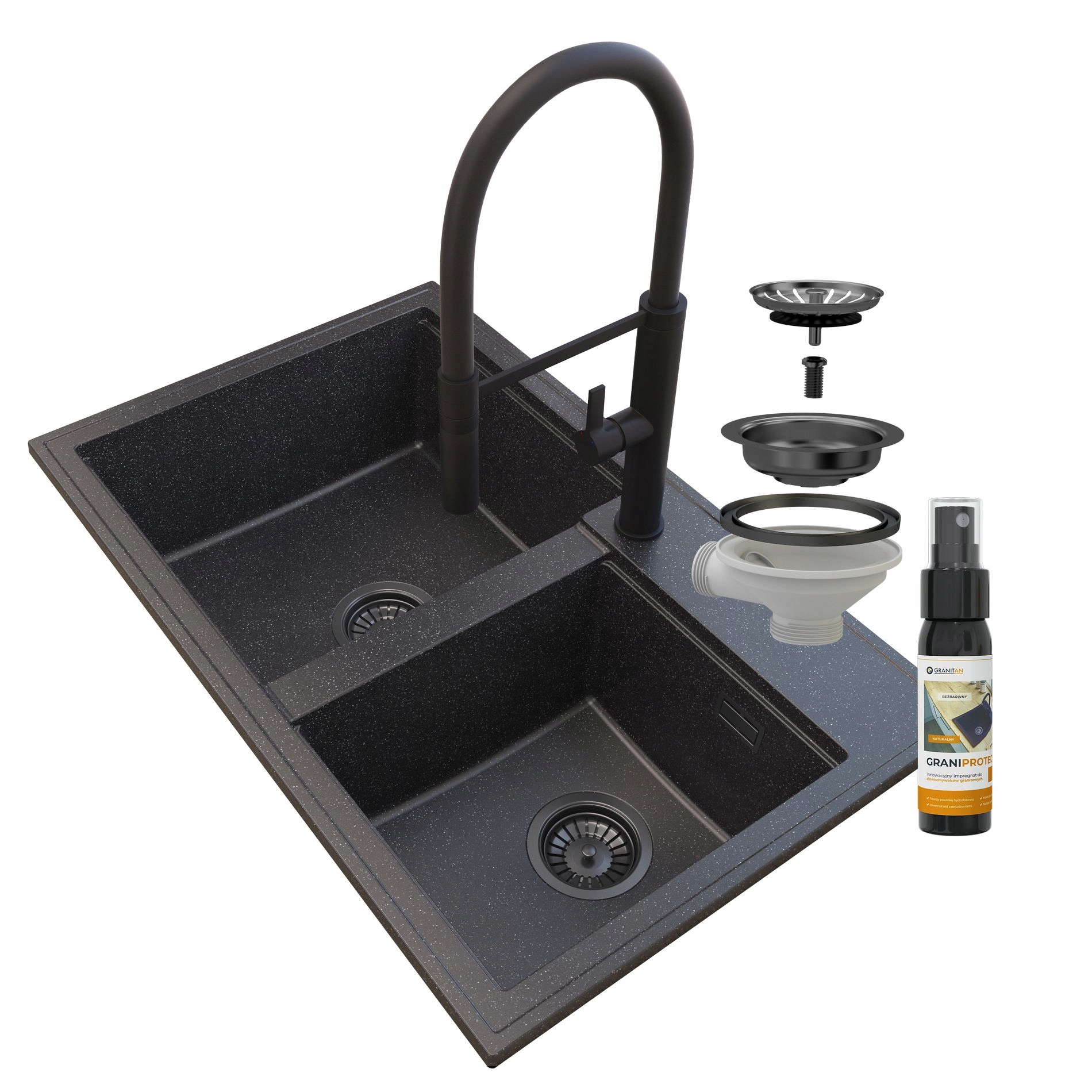 Granitový Drez, Batéria, Sifón, Čierny Hektor, Granit