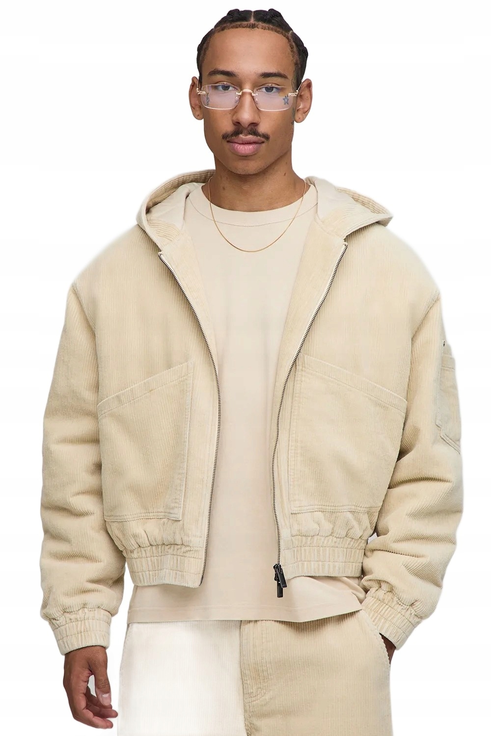 Boohooman Pánská Béžová Bunda S Kapucí A Kapsami Na Zip L Z3A