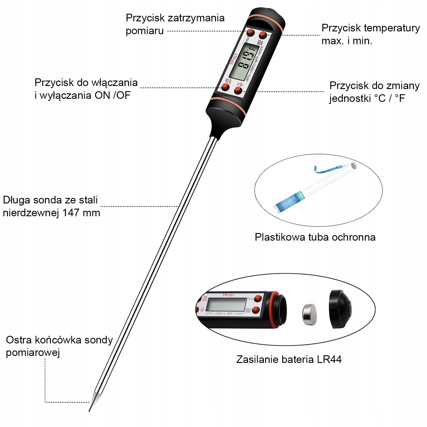 TERMOMETR SZPILKOWY LCD SONDA DO MIĘSA MLEKA WINA Marka inna