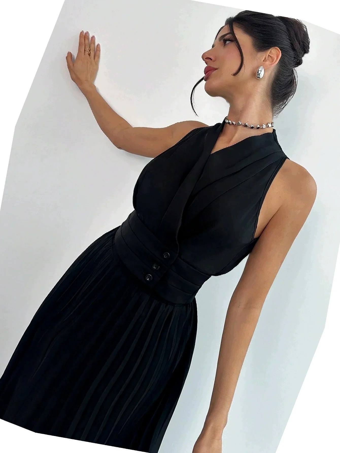 Černý V-neck komplet S Plisé Dlouhý Večerní Dámský M 38