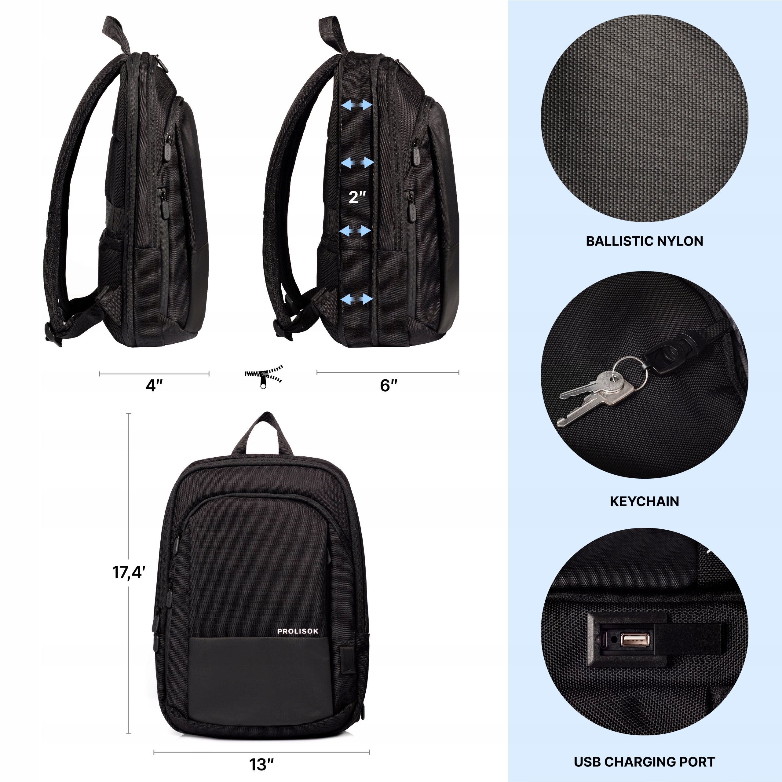 PROLISOK Smukły i Rozszerzalny Czarny Plecak na Laptopa 15,6 "- 16 " Marka Inna