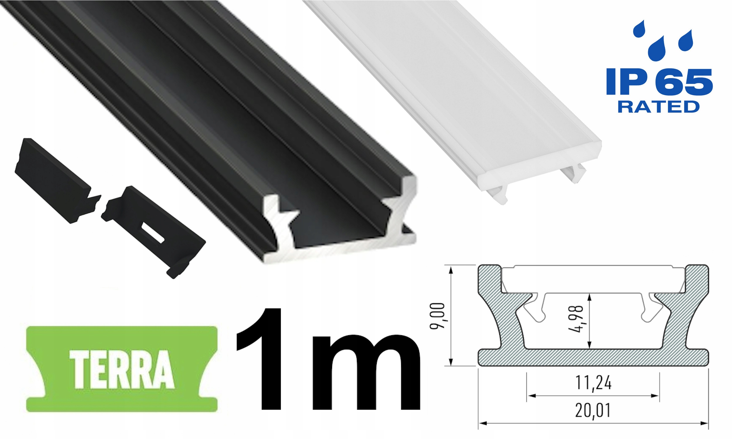 PROFIL LED WODOODPORNY IP65 DO TAŚMY LED CZARNY 1m