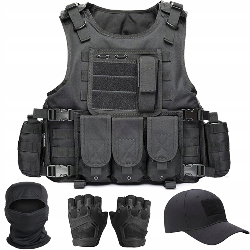 Vojenská taktická Vesta Molle Kominiarka Rukavice Čepice Černá Sada