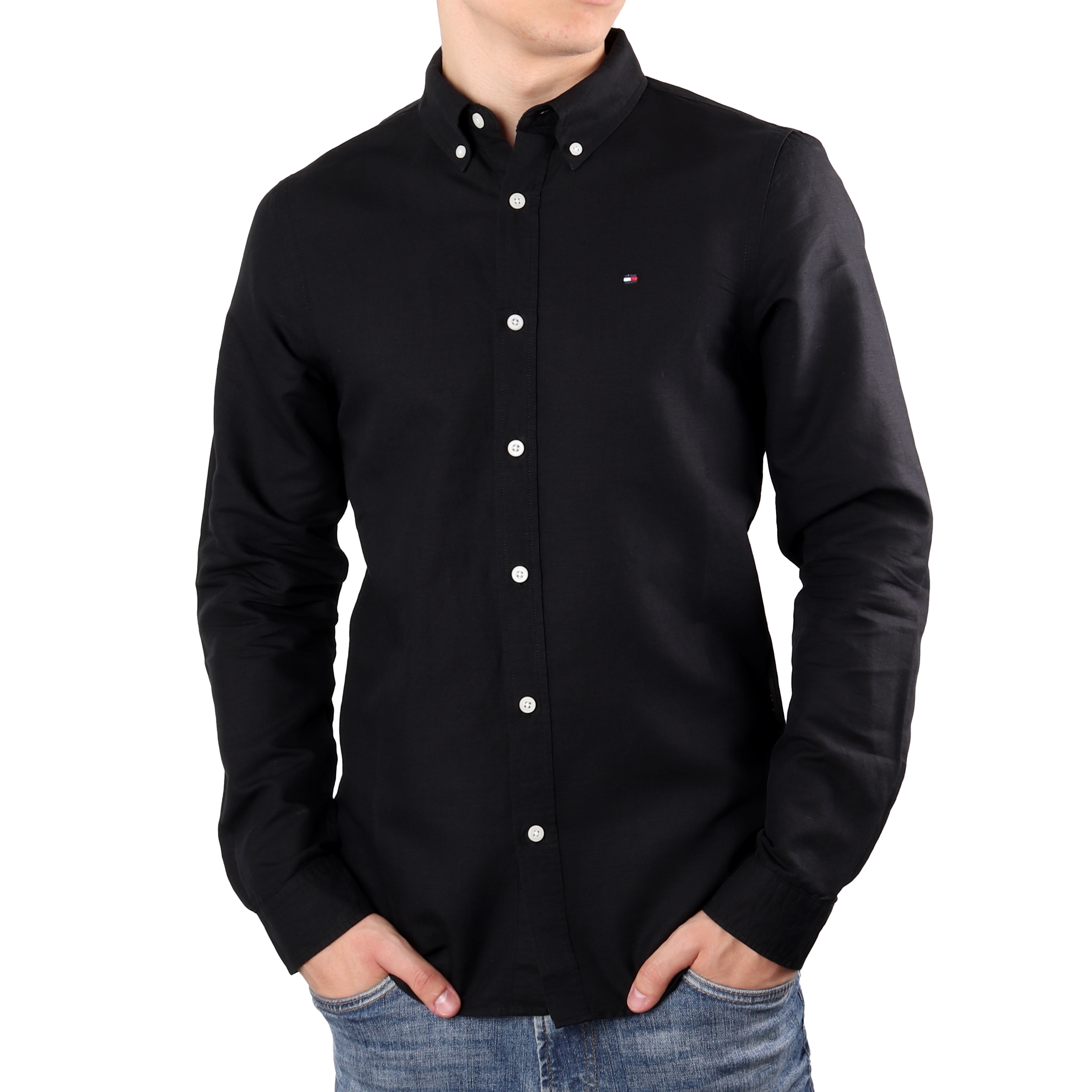 Pánská košile Tommy Jeans Th Slim Linen Cotton Shirt Black