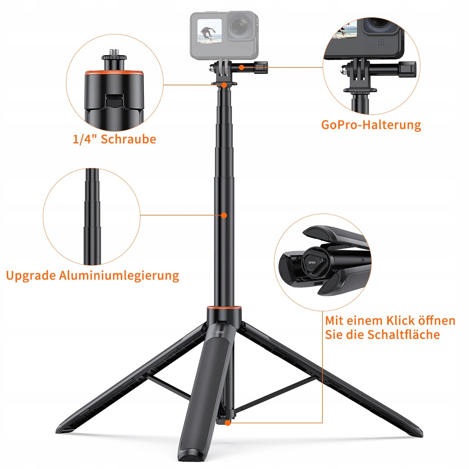 VRIG Statyw TP-21 140cm Lekki Teleskopowy Do Selfie Insta360 Kamera Akcji — miniatura 4