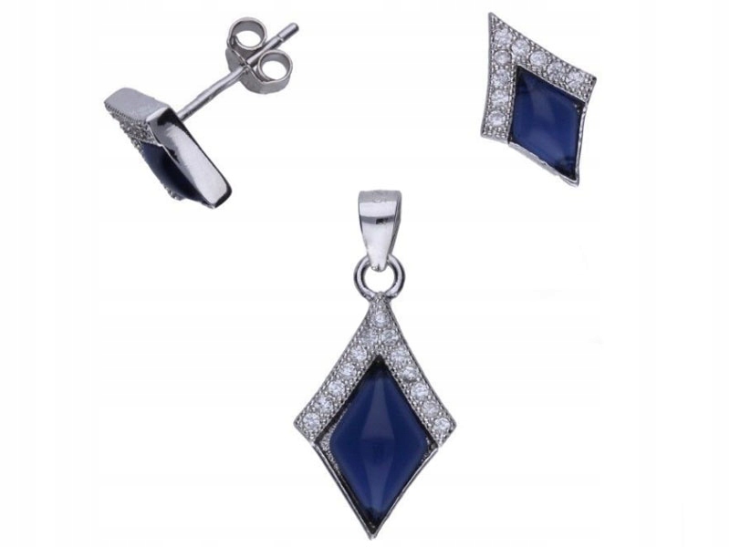 Stříbrný komplet šperků 925 modré kosočtverce, přívěsek s náušnicemi