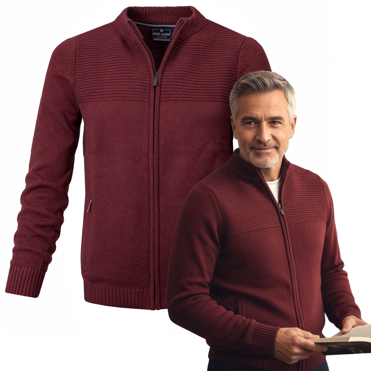 Pánský svetr Rozepínací Kardigan na zip Vínový XL Bavlněný Pako Jeans