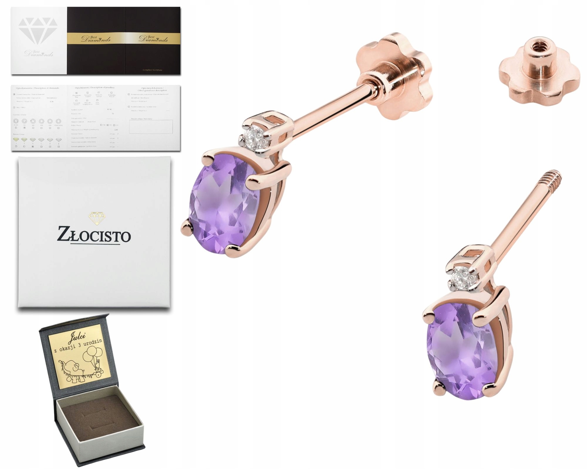 Růžové Zlato Náušnice S Ametystem A Brilianty Šroubovací Tyčinka Zlato 585