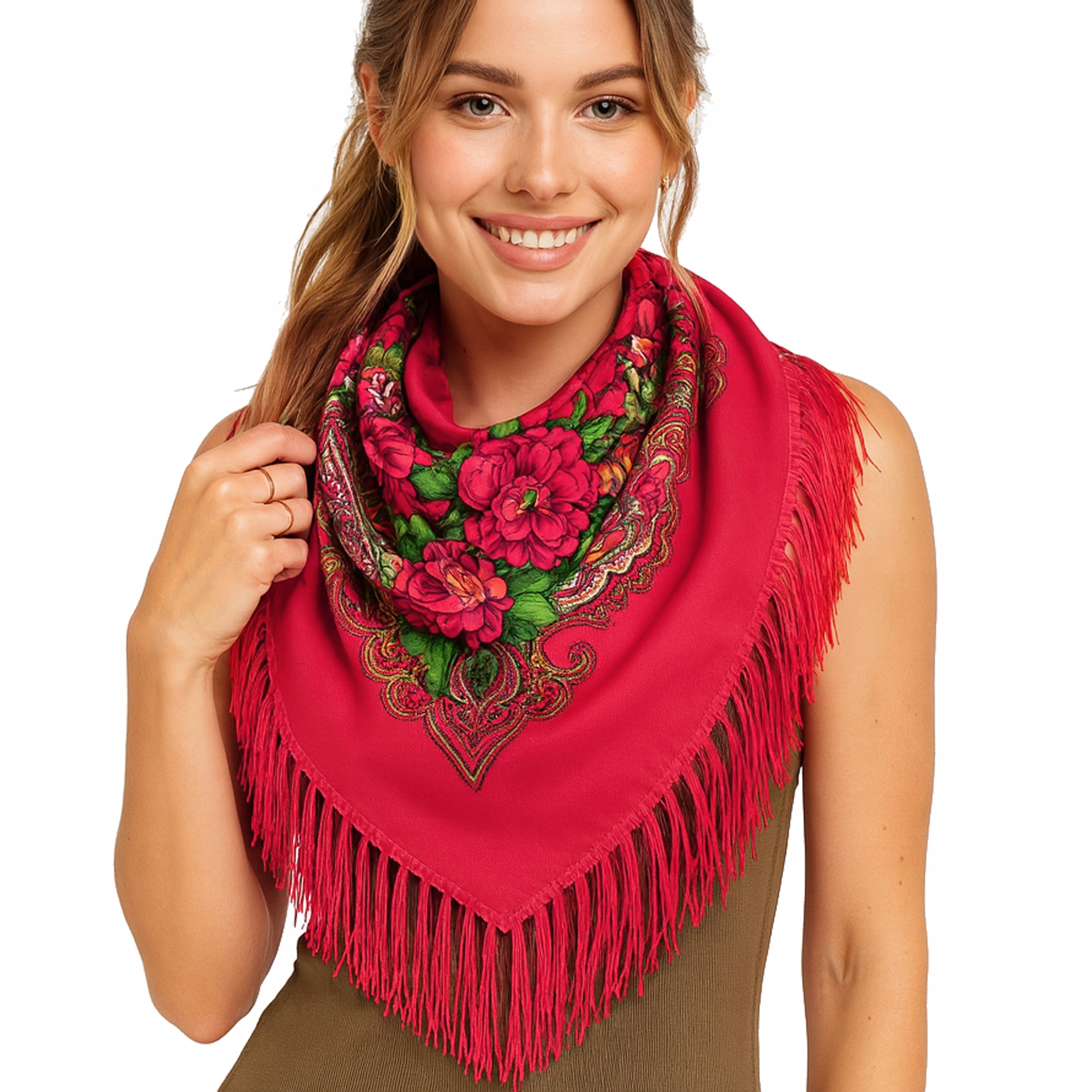 CHUSTA DAMSKA SZALIK FOLKOWA LUDOWA W KWIATY czerwona