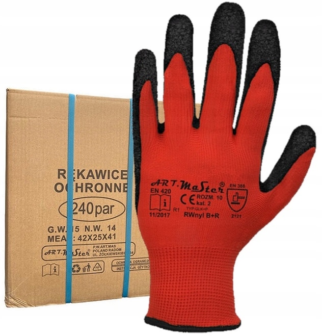 Odolné pracovní rukavice, zahradní rukavice potažené Latexem, karton, 240 párů
