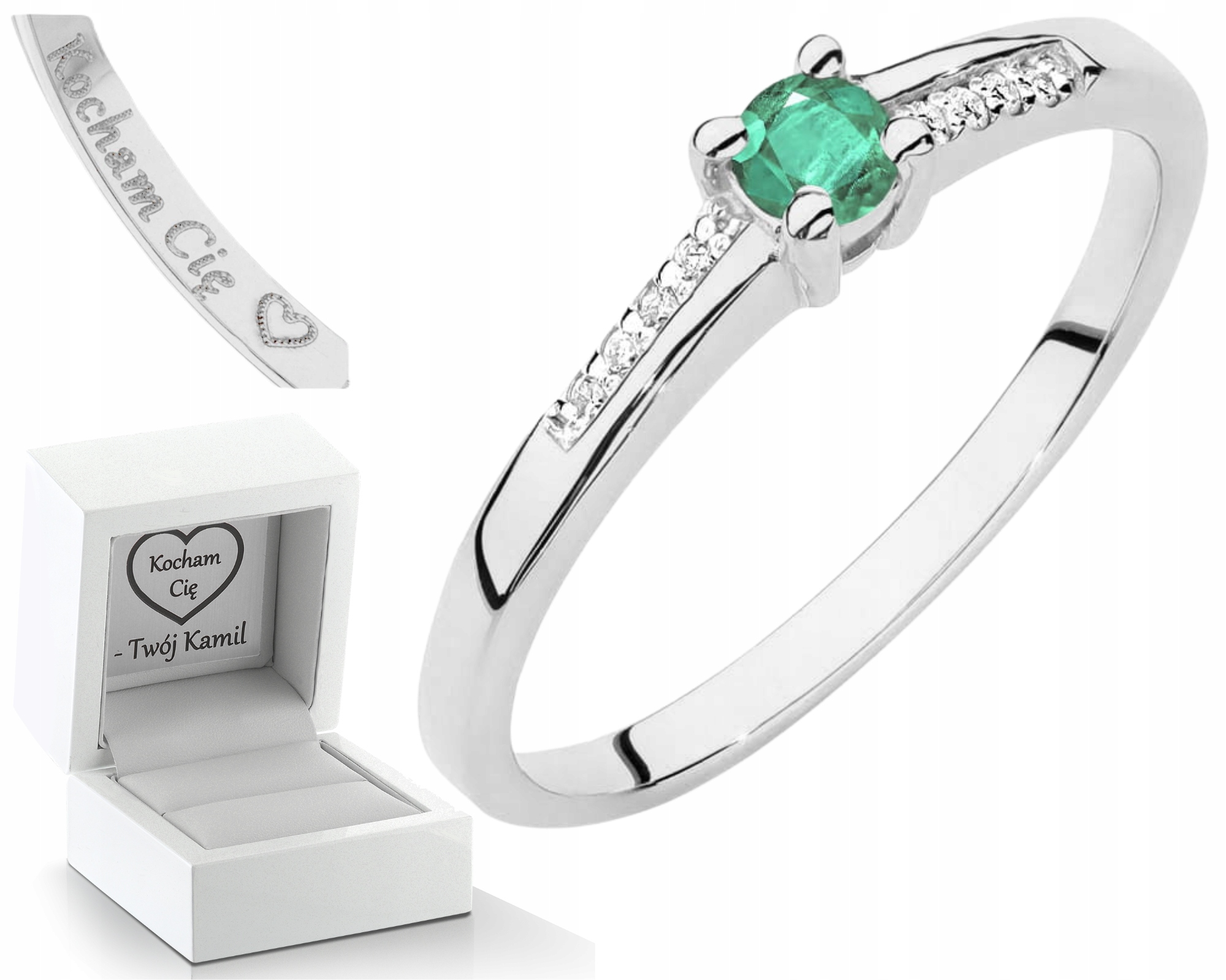 Prstýnek Bílého Zlata S Přírodním Smaragd Smaragdem A Diamanty 585