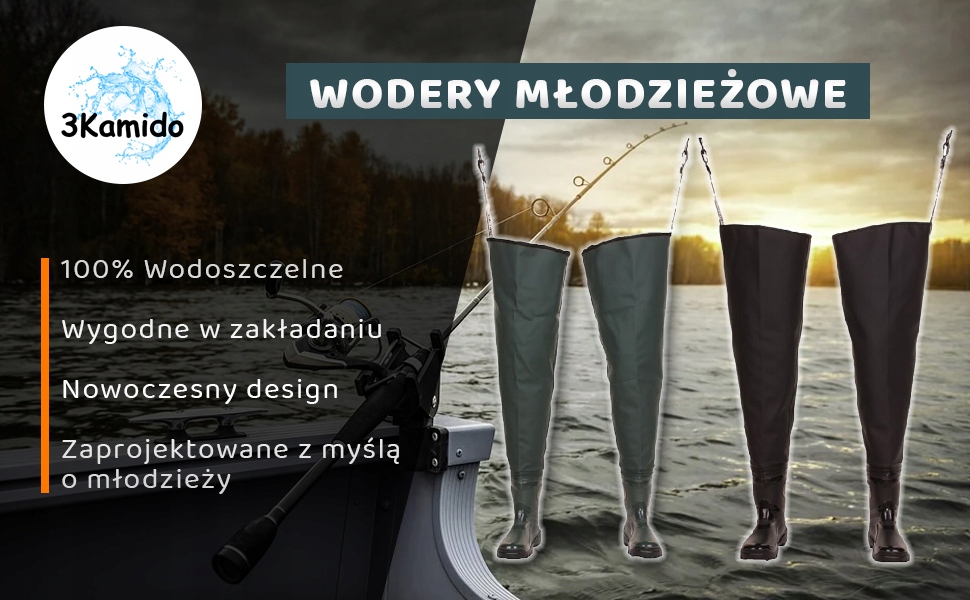 WODERY, wodery wędkarskie młodzieżowe 3Kamido + worek 36 DENIM BLUE Rozmiar 36