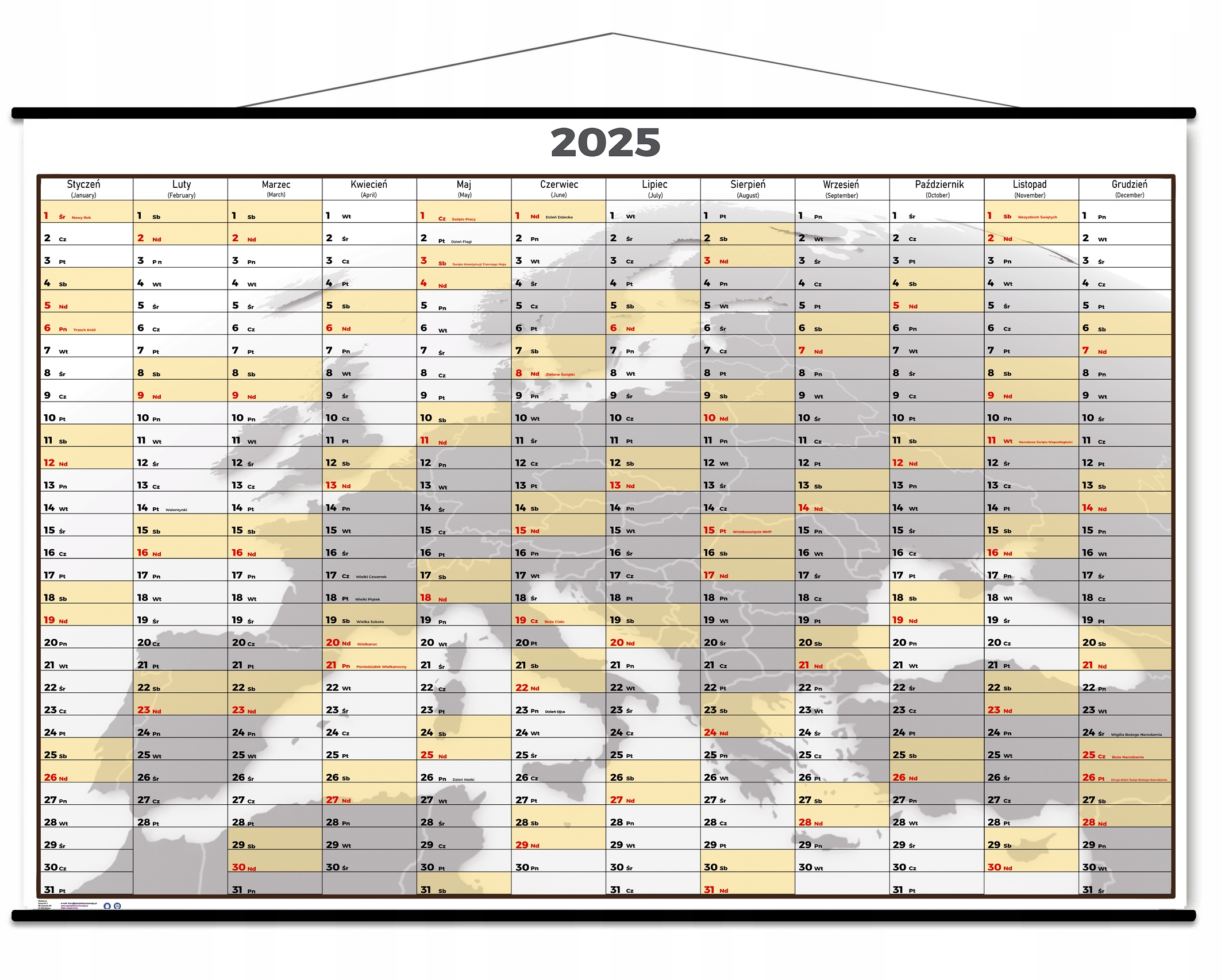 Planer ścienny laminowany KALENDARZ 70x100cm Suchościeralny PCV 2025