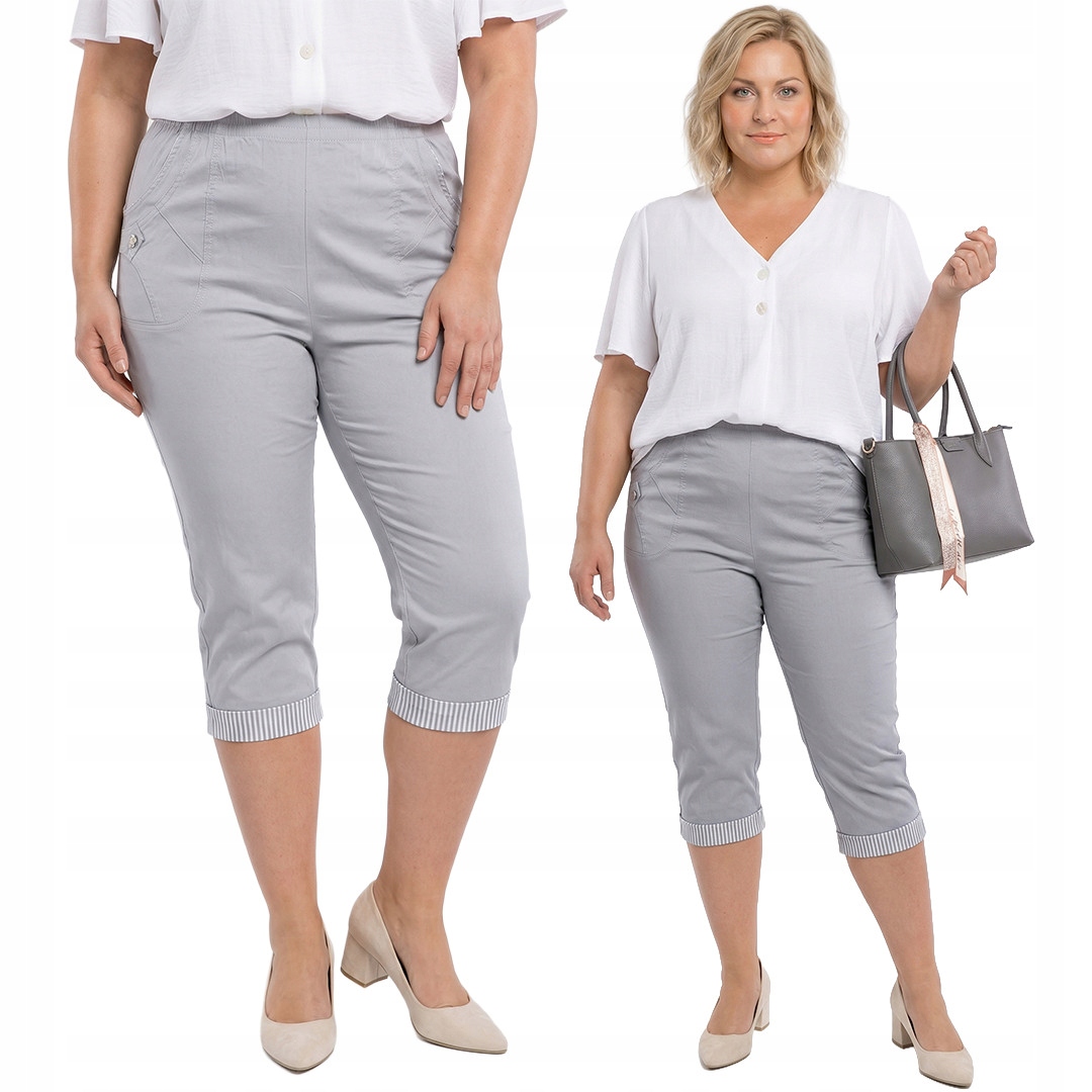 Světle šedé kalhoty s pruhovanou manžetou plus size velikost 54